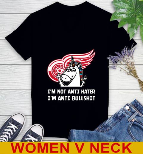 Detroit Red Wings NHL Hockey Unicorn I'm Not Anti Hater I'm Anti Bullshit Women's V-Neck T-Shirt 2