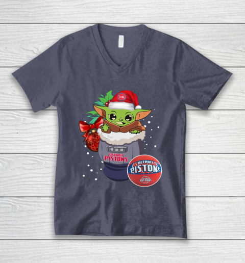 Detroit Pistons Christmas Baby Yoda Star Wars Funny Happy NBA V-Neck T-Shirt 8