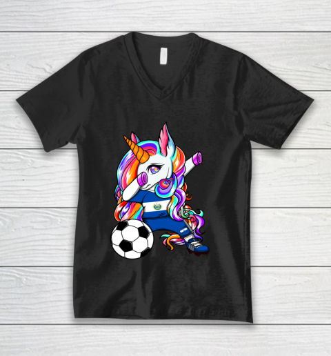 Dabbing Unicorn El Salvador Soccer Fans Jersey Flag Football V-Neck T-Shirt