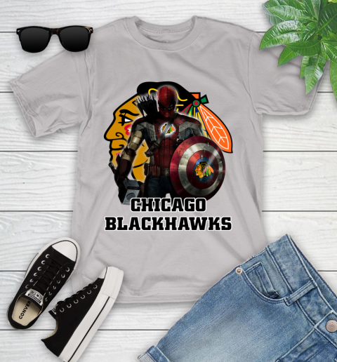 NHL Captain America Thor Spider Man Hawkeye Avengers Endgame Hockey Chicago Blackhawks Youth T-Shirt 12