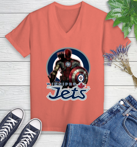 NHL Captain America Thor Spider Man Hawkeye Avengers Endgame Hockey Winnipeg Jets Women's V-Neck T-Shirt 6