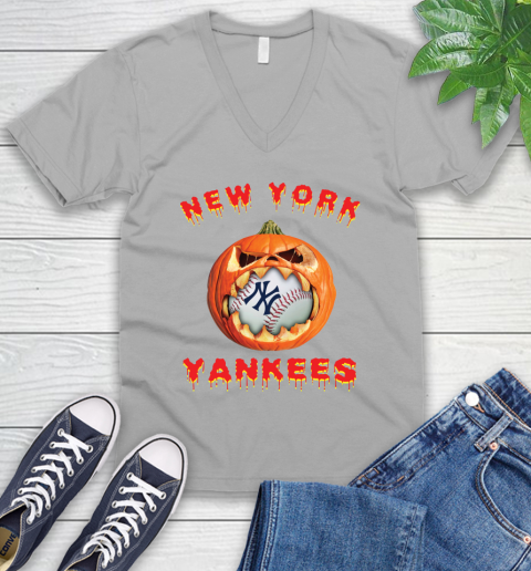 MLB New York Yankees Halloween Pumpkin Baseball Sports V-Neck T-Shirt 4