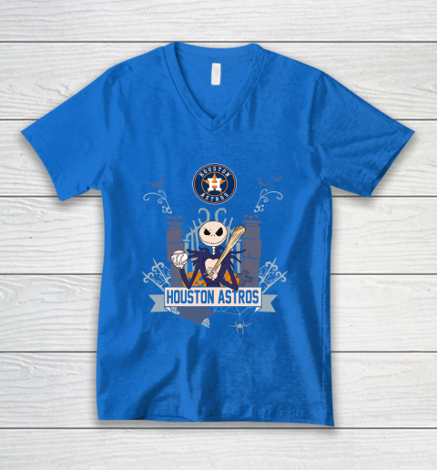 MLB Houston Astros Baseball Jack Skellington Halloween V-Neck T-Shirt 5