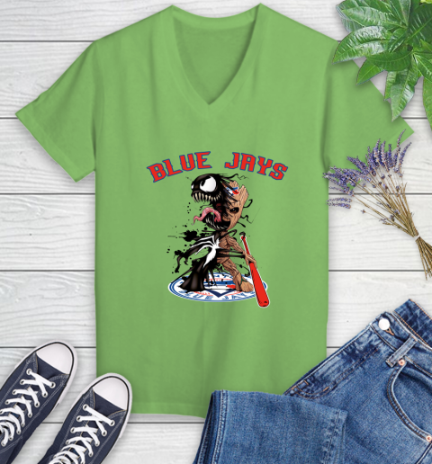 MLB Toronto Blue Jays Baseball Venom Groot Guardians Of The Galaxy Women's V-Neck T-Shirt 11