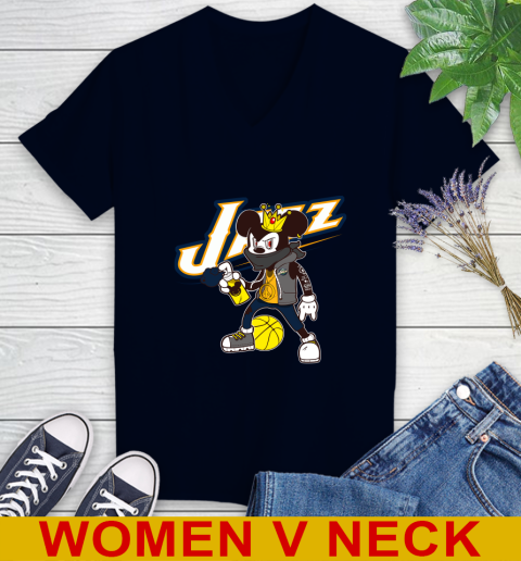 Utah Jazz NBA Basketball Mickey Peace Sign Sports Women's V-Neck T-Shirt 3