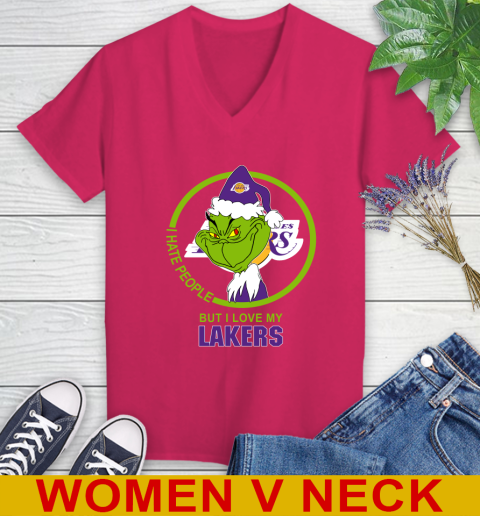 Los Angeles Lakers NBA Christmas Grinch I Hate People But I Love My Favorite Basketball Team Women's V-Neck T-Shirt 10