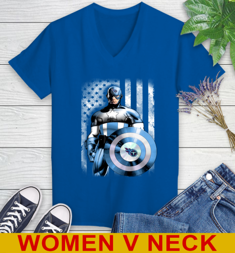 Tennessee Titans NFL Football Captain America Marvel Avengers American Flag Shirt Women's V-Neck T-Shirt 9