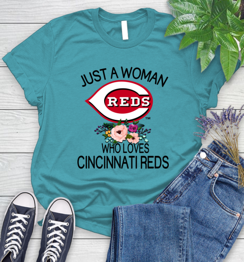 MLB Just A Woman Who Loves Cincinnati Reds Baseball Sports Women's T-Shirt 11