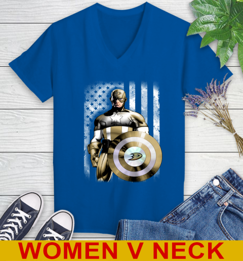 Anaheim Ducks NHL Hockey Captain America Marvel Avengers American Flag Shirt Women's V-Neck T-Shirt 9