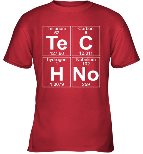0zny tellurium carbon hydrogen nobelium chemical techno char youth t shirt 26 front red