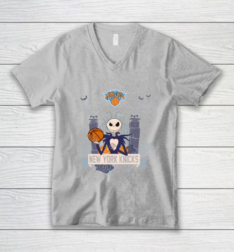 NBA New York Knicks Basketball Jack Skellington Halloween V-Neck T-Shirt 3