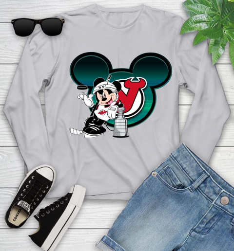 NHL New Jersey Devils Stanley Cup Mickey Mouse Disney Hockey T Shirt Youth Long Sleeve 5