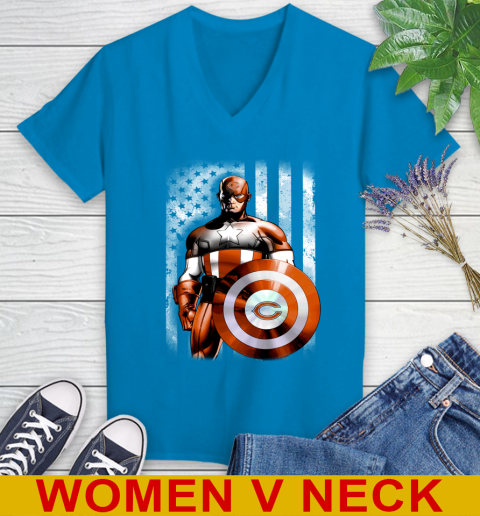 Chicago Bears NFL Football Captain America Marvel Avengers American Flag Shirt Women's V-Neck T-Shirt 7
