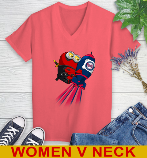 MLB Baseball Minnesota Twins Deadpool Minion Marvel Shirt Women's V-Neck T-Shirt 6