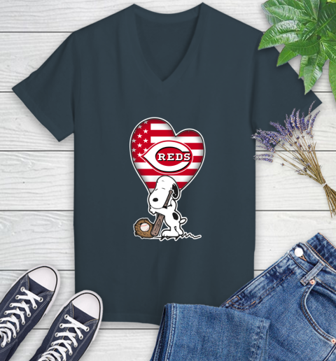 Cincinnati Reds MLB Baseball The Peanuts Movie Adorable Snoopy Women's V-Neck T-Shirt 8