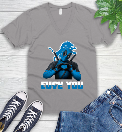 NHL Detroit Lions Deadpool Love You Fuck You Football Sports V-Neck T-Shirt 3