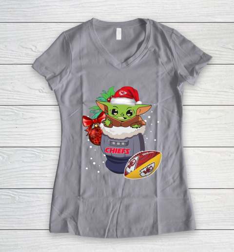 Kansas City Chiefs Christmas Baby Yoda Star Wars Funny Happy NFL Women's V-Neck T-Shirt 4