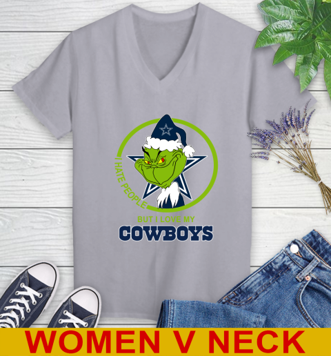 Dallas Cowboys NFL Christmas Grinch I Hate People But I Love My Favorite Football Team Women's V-Neck T-Shirt 5