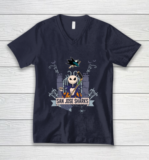 NHL San Jose Sharks Hockey Jack Skellington Halloween V-Neck T-Shirt 2
