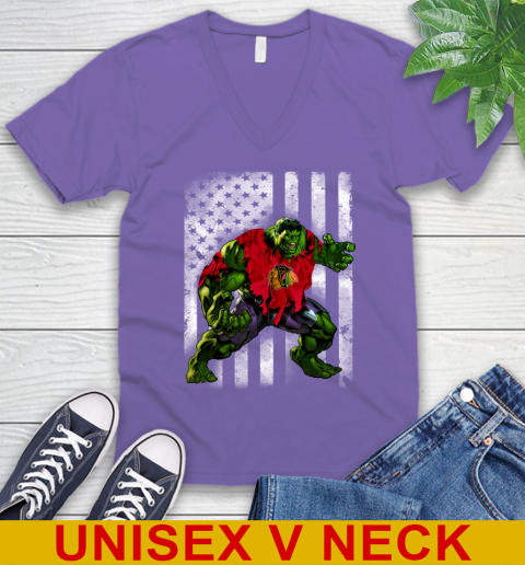 Chicago Blackhawks Hulk Marvel Avengers NHL Hockey American Flag V-Neck T-Shirt 8