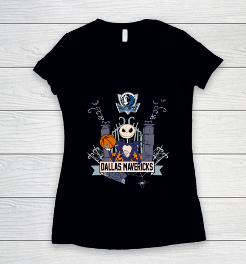 NBA Dallas Mavericks Basketball Jack Skellington Halloween Women's V-Neck T-Shirt