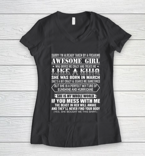 Sorry I m Already Taken by a Freaking Awesome Girl March Birthday Women's V-Neck T-Shirt 6
