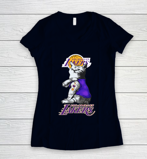 NBA Basketball My Cat Loves Los Angeles Lakers Women's V-Neck T-Shirt 2