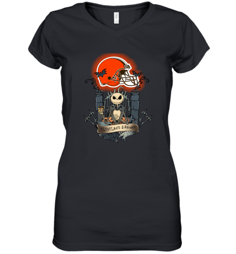 Cleveland Browns Jack Skellington This Is Halloween NFL Women's V-Neck T-Shirt