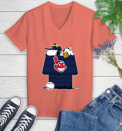 MLB Cleveland Indians Snoopy Woodstock The Peanuts Movie Baseball T Shirt Women's V-Neck T-Shirt 6