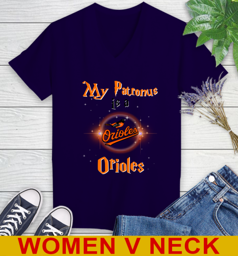 MLB Baseball Harry Potter My Patronus Is A Baltimore Orioles Women's V-Neck T-Shirt 3