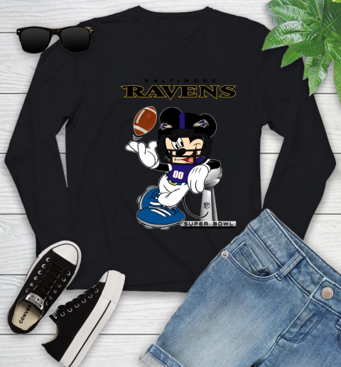 NFL Baltimore Ravens Mickey Mouse Disney Super Bowl Football T Shirt Youth Long Sleeve 2