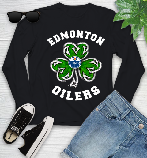 NHL Edmonton Oilers Three Leaf Clover St Patrick's Day Hockey Sports Youth Long Sleeve