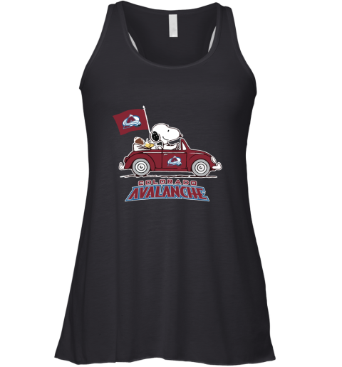 Snoopy And Woodstock Ride The Colorado Avalanche Car NHL Racerback Tank