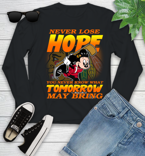 Chicago Blackhawks NHL Hockey ootball Mickey Disney Never Lose Hope Youth Long Sleeve