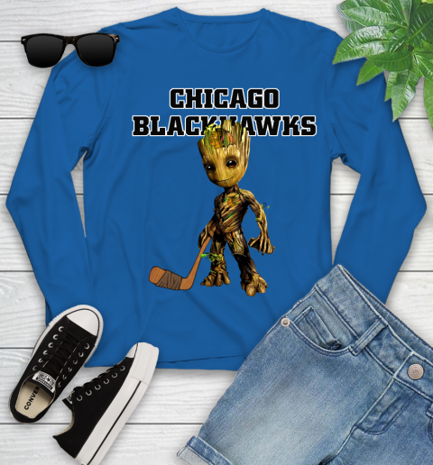 Chicago Blackhawks NHL Hockey Groot Marvel Guardians Of The Galaxy Youth Long Sleeve 9