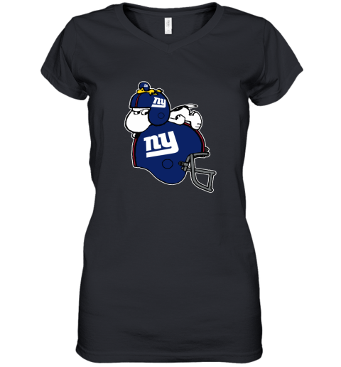 Snoopy And Woodstock Resting On New York Giants Helmet Women's V-Neck T-Shirt