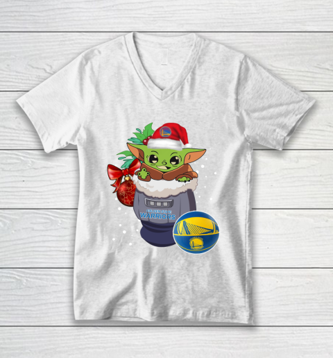 Golden State Warriors Christmas Baby Yoda Star Wars Funny Happy NBA V-Neck T-Shirt 2