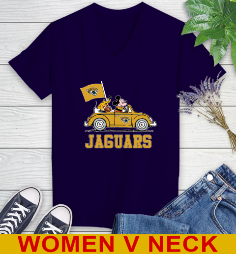 NFL Football Jacksonville Jaguars Pluto Mickey Driving Disney Shirt Women's V-Neck T-Shirt 4