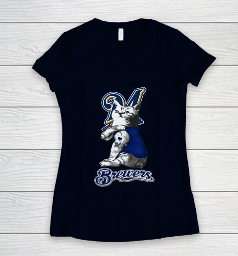 MLB Baseball My Cat Loves Milwaukee Brewers Women's V-Neck T-Shirt 2