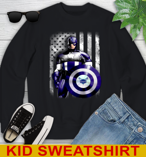 Charlotte Hornets NBA Basketball Captain America Marvel Avengers American Flag Shirt Youth Sweatshirt