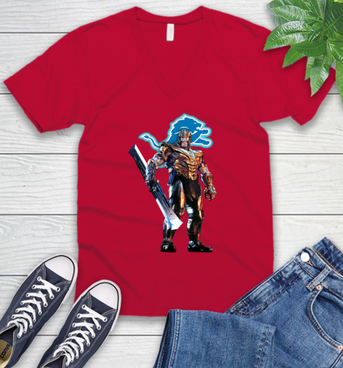 NFL Thanos Gauntlet Avengers Endgame Football Detroit Lions V-Neck T-Shirt 8