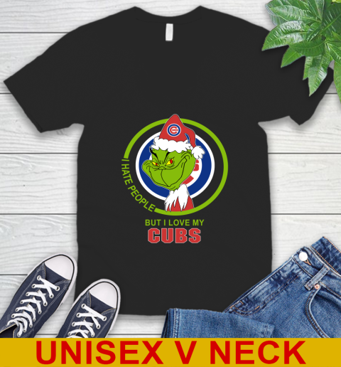 Chicago Cubs MLB Christmas Grinch I Hate People But I Love My Favorite Baseball Team V-Neck T-Shirt 2