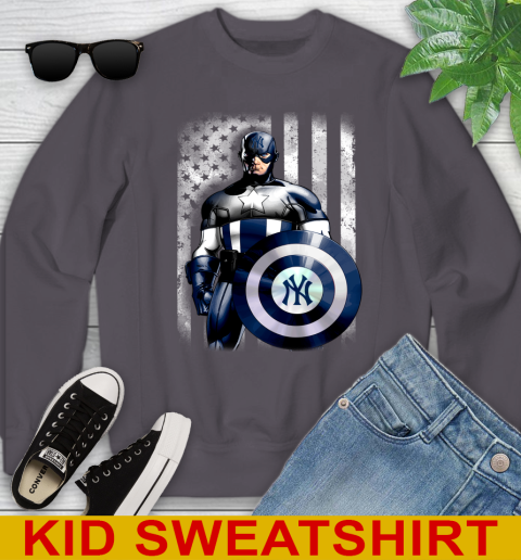 New York Yankees MLB Baseball Captain America Marvel Avengers American Flag Shirt Youth Sweatshirt 5