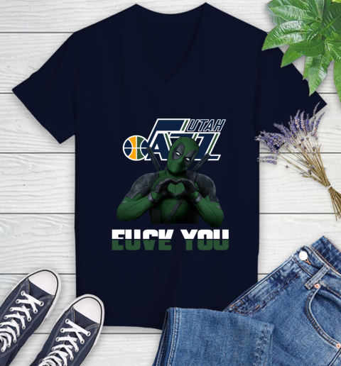 NBA Utah Jazz Deadpool Love You Fuck You Basketball Sports Women's V-Neck T-Shirt 3 NBA Utah Jazz Deadpool Love You Fuck You Basketball Sports Women's V-Neck T-Shirt - Image 3