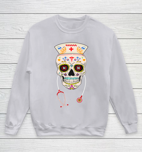 Nurse Sugar Skull Shirt Halloween Day Of The Dead Dia De Los Youth Sweatshirt 3