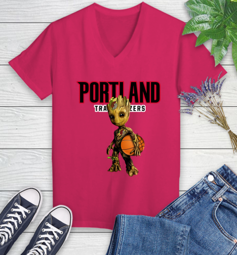 Portland Trail Blazers NBA Basketball Groot Marvel Guardians Of The Galaxy Women's V-Neck T-Shirt 9