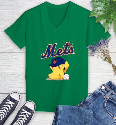 MLB Pikachu Baseball Sports New York Mets Women's V-Neck T-Shirt 5