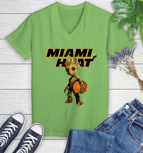 Miami Heat NBA Basketball Groot Marvel Guardians Of The Galaxy Women's V-Neck T-Shirt 11