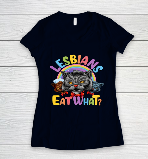 Lesbians Eat What Mug Pussy Cat Funny LGBT Pride Women's V-Neck T-Shirt 2
