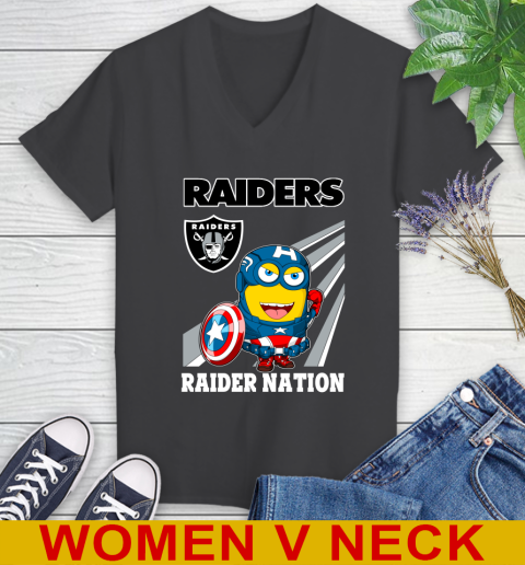 NFL Football Oakland Raiders Captain America Marvel Avengers Minion Shirt Women's V-Neck T-Shirt 8